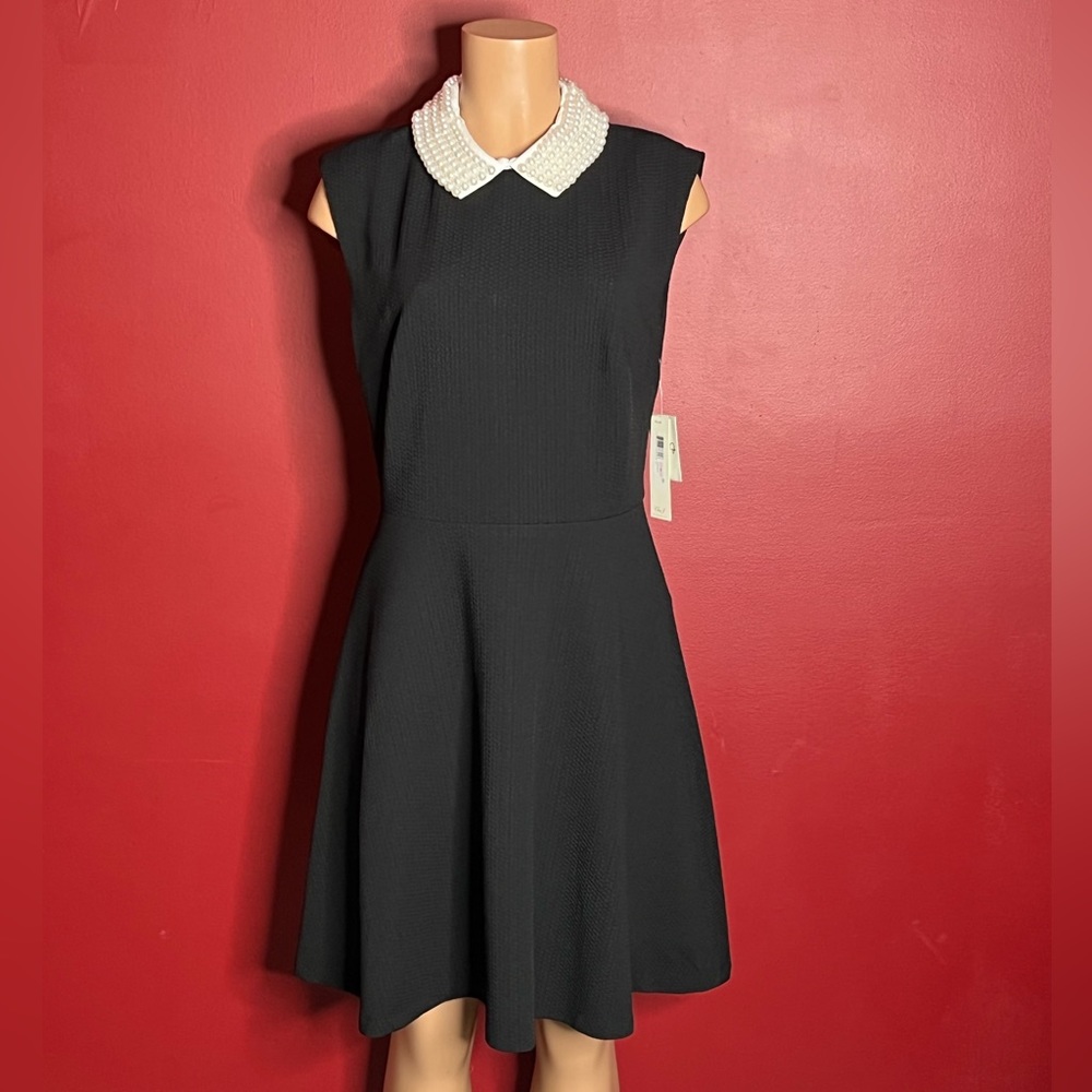 Black dress with pearl neck trim. Eliza J. Size 10